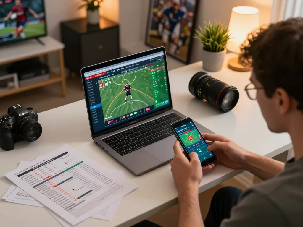 Person engaged in sun win sports betting, analyzing stats on laptop while placing bets