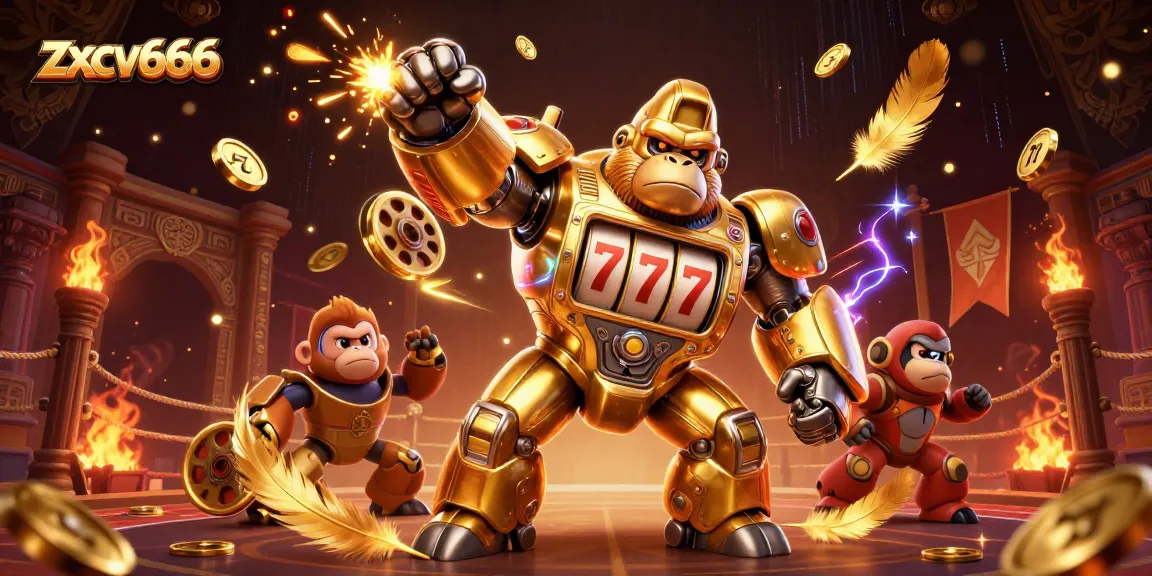 Experience thrilling wins at zxcv666 with a vibrant 3D illustration of a casino mech, slot elements, and coins exploding.