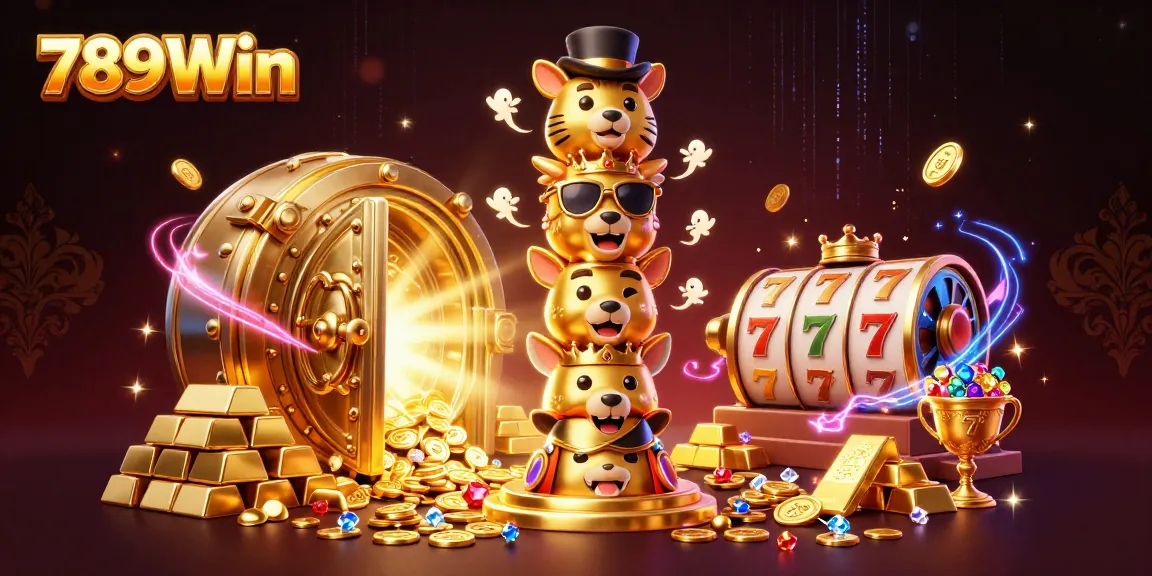 Experience thrilling wins with 789Win's vibrant casino action scene featuring lively characters and dazzling treasures.