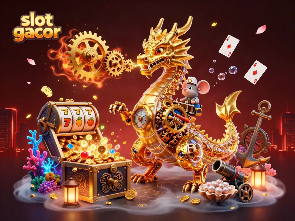 Experience thrilling slot gacor action with a biomechanical dragon amidst gold coins and shimmering slot reels.