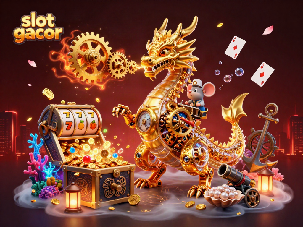 Experience thrilling slot gacor action with a biomechanical dragon amidst gold coins and shimmering slot reels.