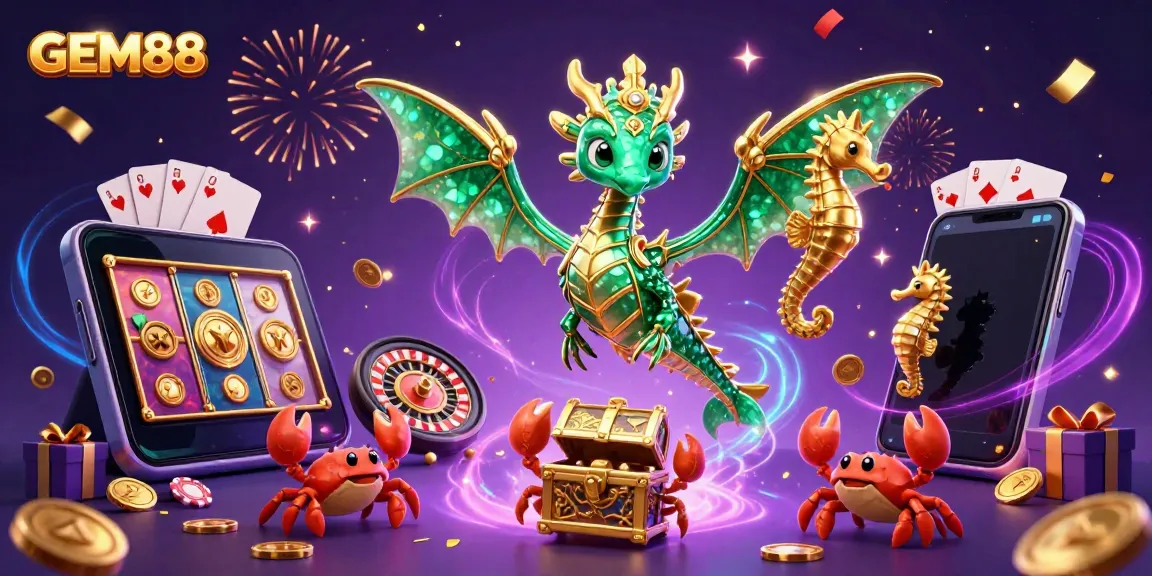 Experience the excitement of GEM88 with a vibrant underwater casino scene featuring magical sea creatures and thrilling gaming elements.