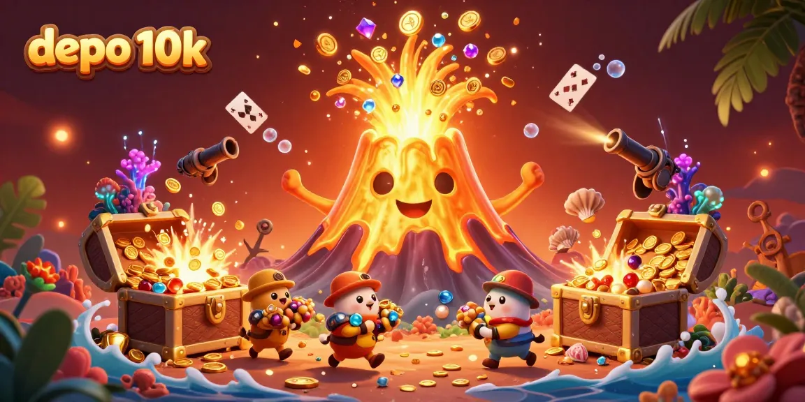 Experience the excitement of depo 10k slots with a thrilling eruption of treasures in this dynamic casino illustration.