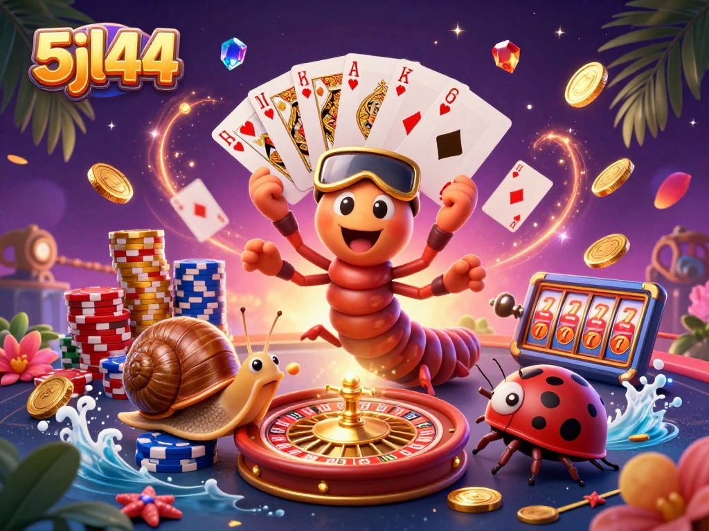Engage with 5jl44 at the vibrant casino illustrated scene filled with animated characters and game elements.