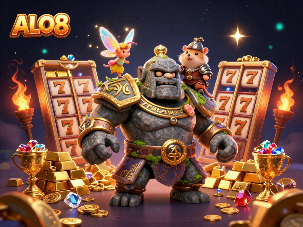 Experience thrilling ALO8 gaming with a magical golem and enchanted characters in a vibrant, dynamic casino scene.