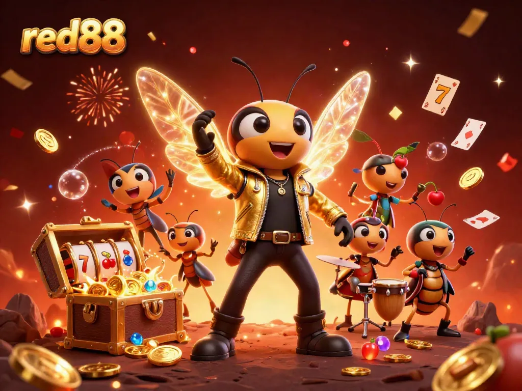 Experience red88 thrills with a vibrant casino scene featuring a rock star cicada, slot reels, and golden treasure.