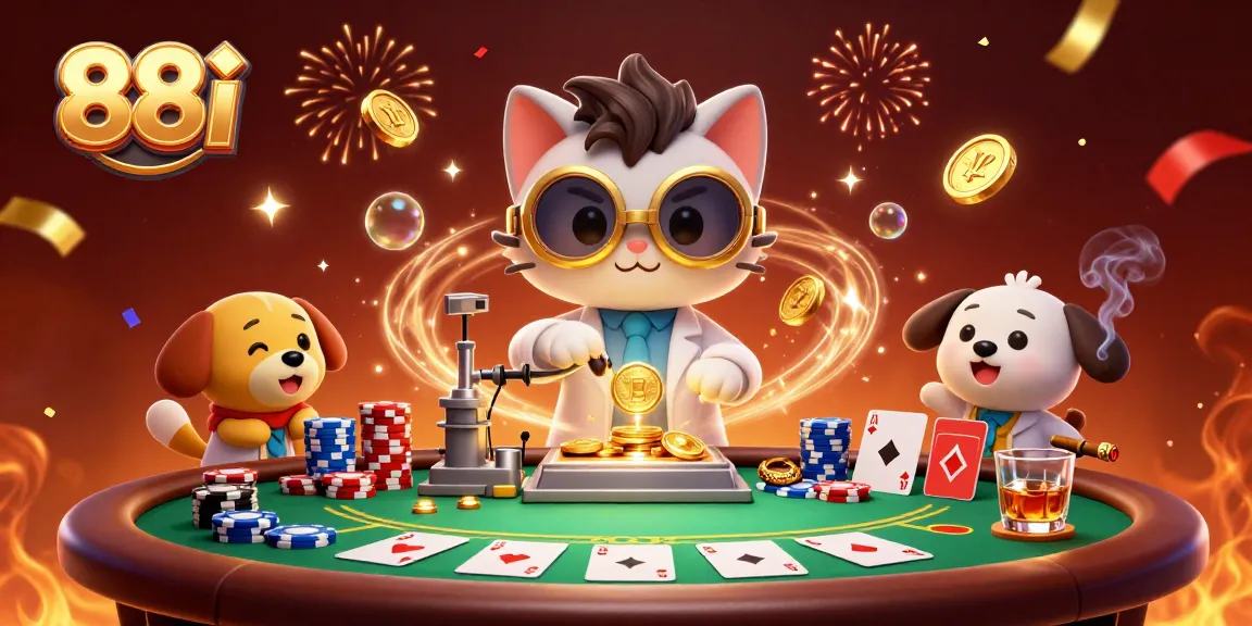 Engage with vibrant 88i casino energy featuring dynamic poker scene and whimsical characters.