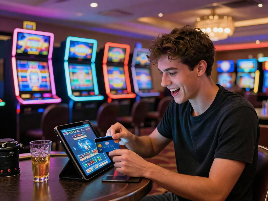 Excited player making a transaction at online casinos that accept credit cards in a vibrant gaming lounge.