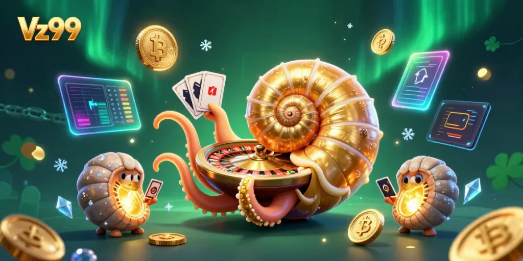 Engage with Vz99's thrilling casino experience featuring a vibrant illustration of a roulette wheel and cards.