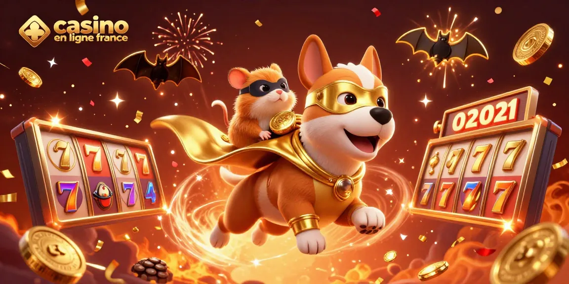 Illustration dynamique d'un chien super-héros et de son hamster allié, en mode jeu de casino en ligne France, avec des machines à sous flottantes.