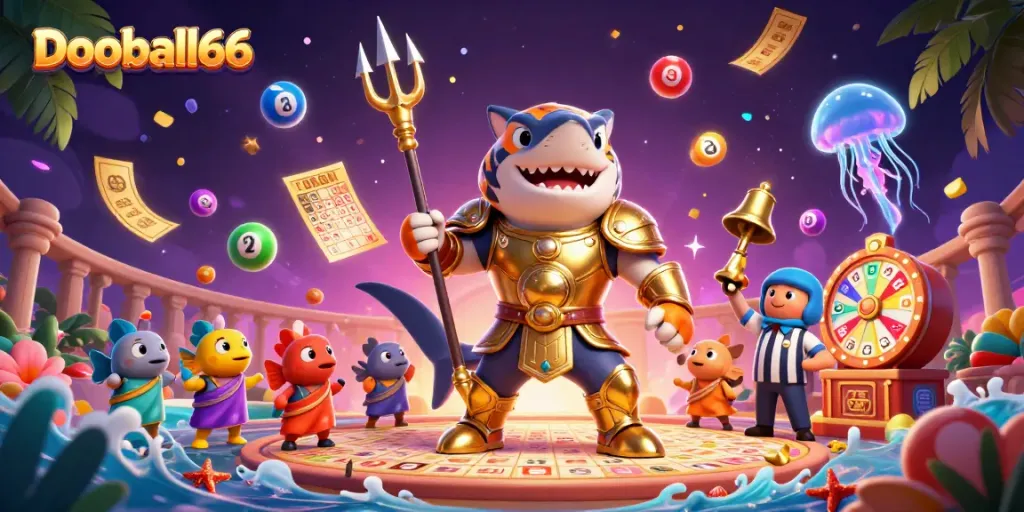 Experience live betting excitement with Dooball66 showcasing a dynamic underwater casino environment bursting with colorful lottery elements.