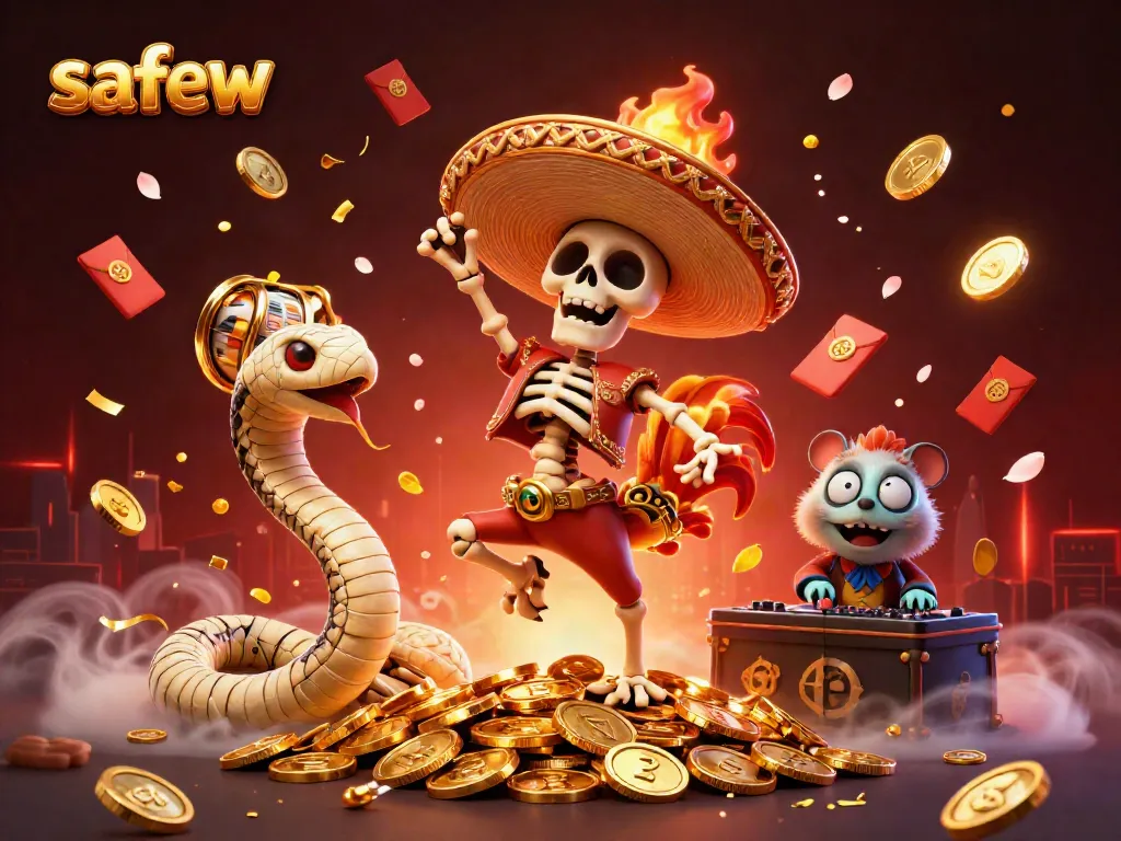 Engage in the world of safew with a vibrant 3D casino scene featuring dynamic characters and glowing slot reels.