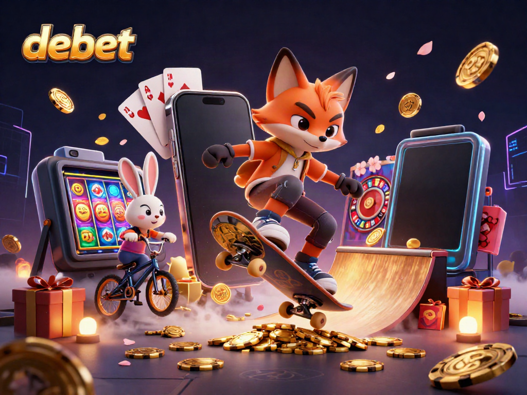 Experience the excitement of debet with vibrant 3D characters enjoying casino games and friendly competition.