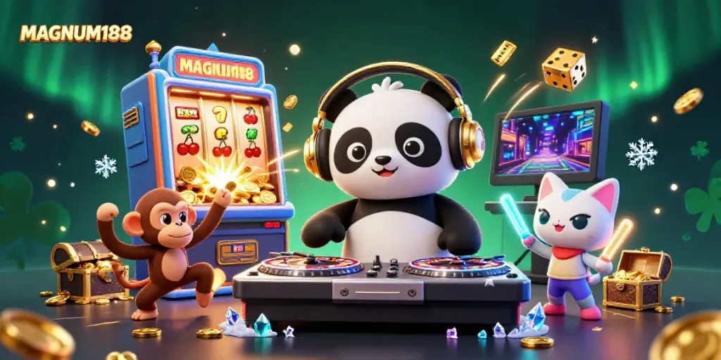 Experience the thrilling MAGNUM188 casino scene with vibrant characters and jackpot excitement.
