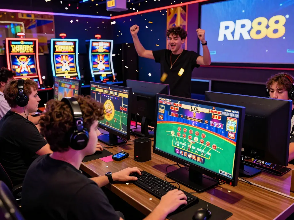 Exciting gaming scene at RR88 featuring players engaging in diverse games at https://rr88c.mobi/ with vibrant atmosphere and promotions.