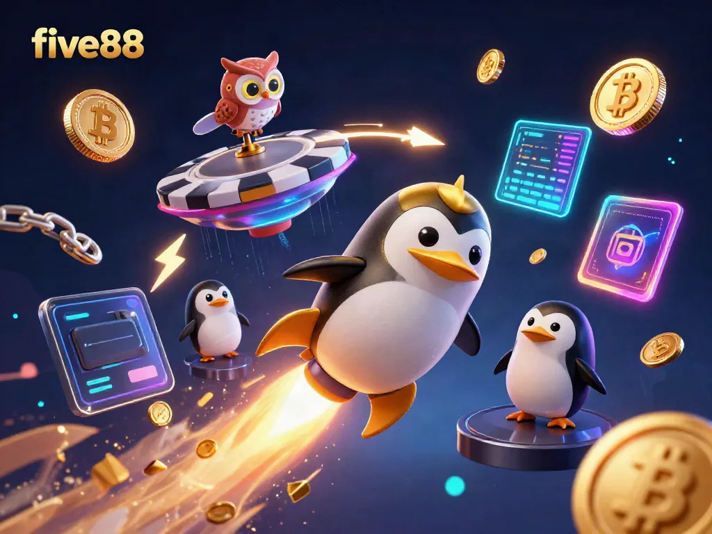 Experience fast gaming at five88 with a penguin racing towards a glowing casino space station.