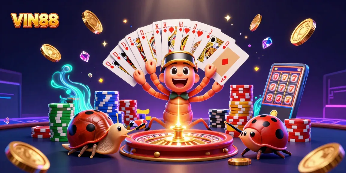 Engage with VIN88 in a vibrant 3D casino scene with exciting characters and dynamic gaming elements.