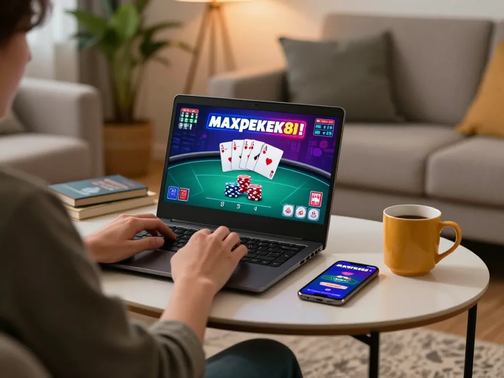 Engaged player enjoying maxpoker88 online poker game from a cozy home setting, laptop screen showing game interface and chips.