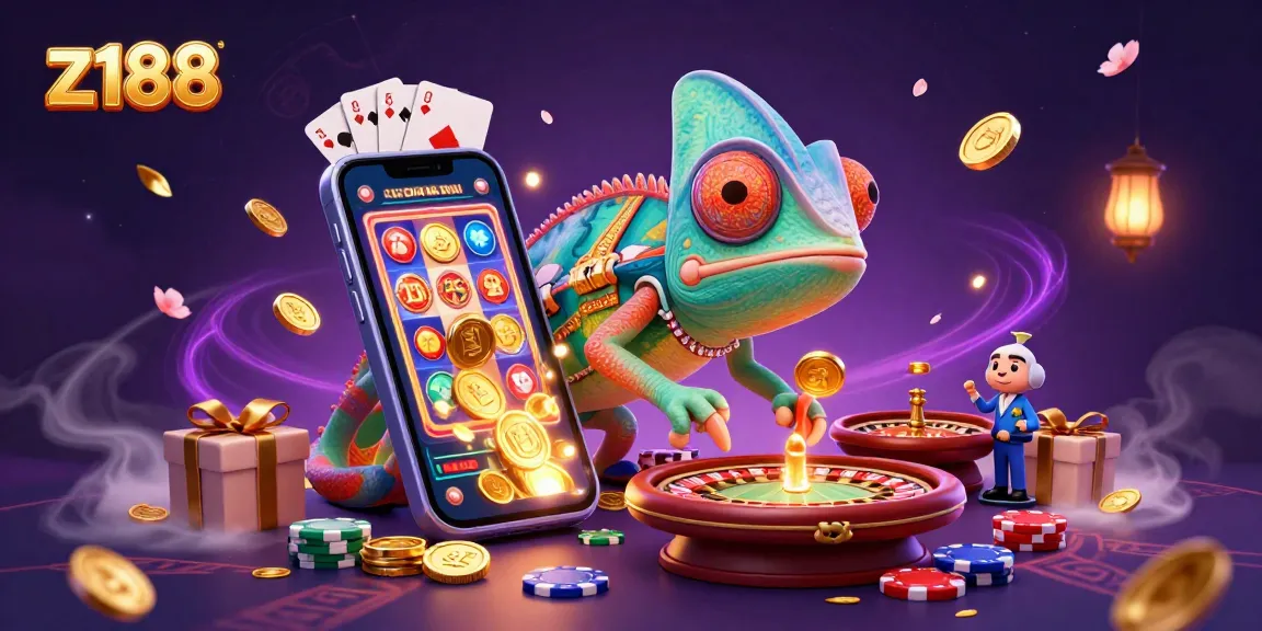 Experience the vibrant z188 casino world with a colorful chameleon owner, dynamic gaming elements, and rich details.