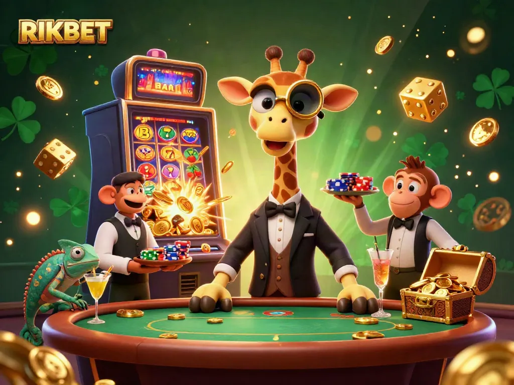 Experience the excitement of RIKBET with a vibrant 3D casino scene featuring a high-roller giraffe and fun elements.