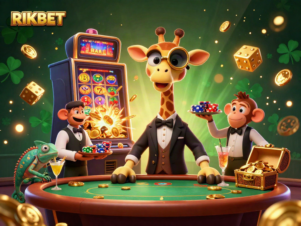 Experience the excitement of RIKBET with a vibrant 3D casino scene featuring a high-roller giraffe and fun elements.