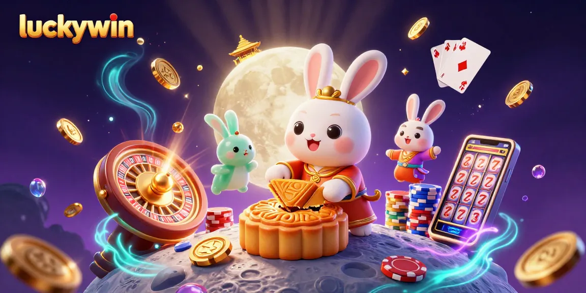Experience exciting wins at luckywin with a captivating illustration of moon rabbits and casino elements.