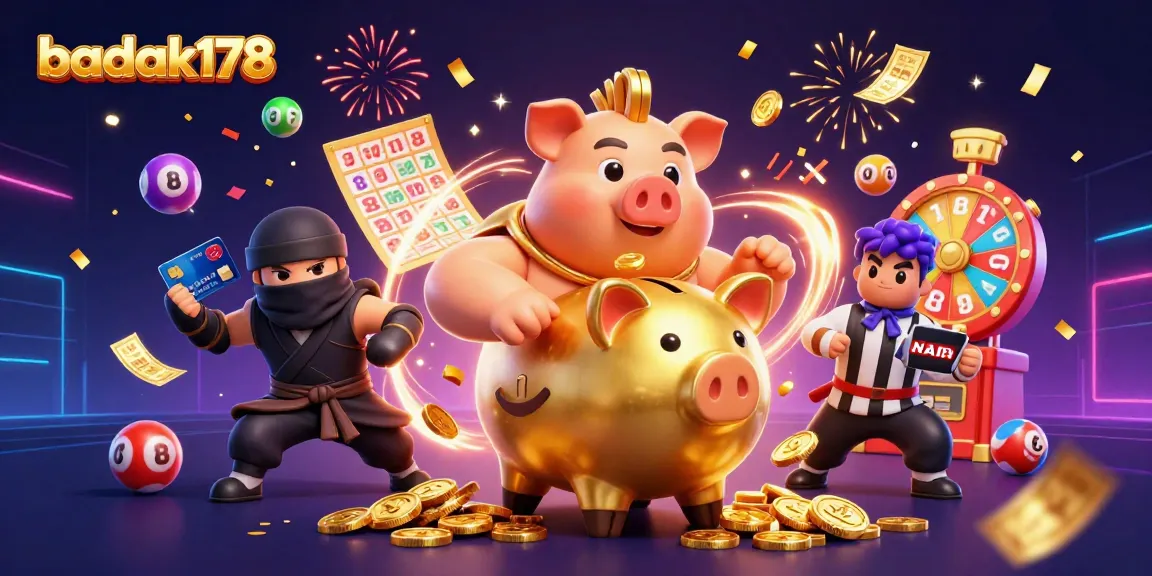 Join the fun at badak178 as the golden piggy bank sumo wrestler wins coins in a lively casino scene.