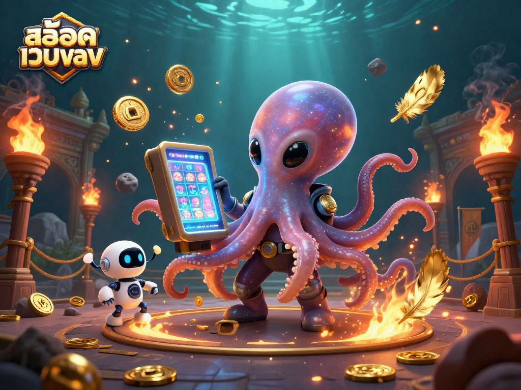 Experience the excitement of สล็อตเว็บตรง with an alien octopus operating a holographic slot machine in a vibrant casino scene.