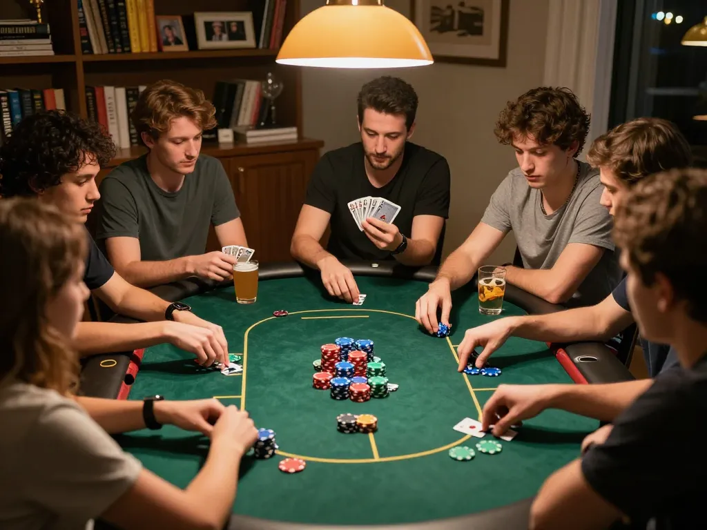 Engaging poker game night with friends at home showcasing camaraderie around the table, hidobasketgoztepe players analyzing their cards.