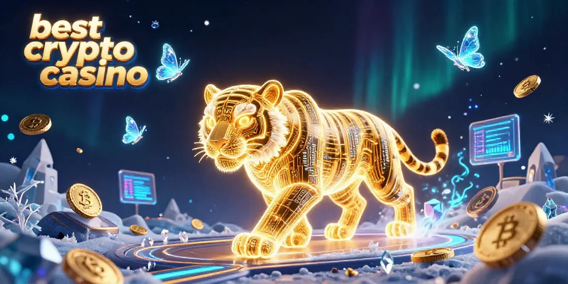 Experience the excitement of the best crypto casino with a vibrant illustration of a golden tiger and digital elements.