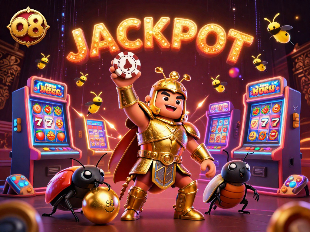 Win big at o8 with vibrant casino scenes featuring beetles and jackpot elements.