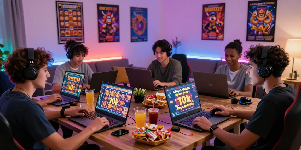 Engaged gamers enjoying slot games with depo pulsa 10k tanpa potongan in a cozy home setting.