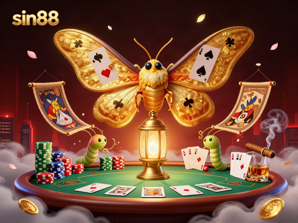 Experience the thrilling atmosphere of sin88 with a vibrant 3D moth and poker elements in casino action.