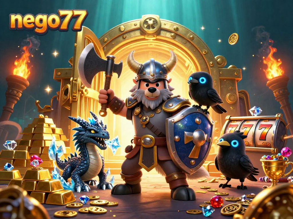 Engage with negotiable jackpots at NEGO77's vibrant casino realm featuring treasures and dynamic slot reels.