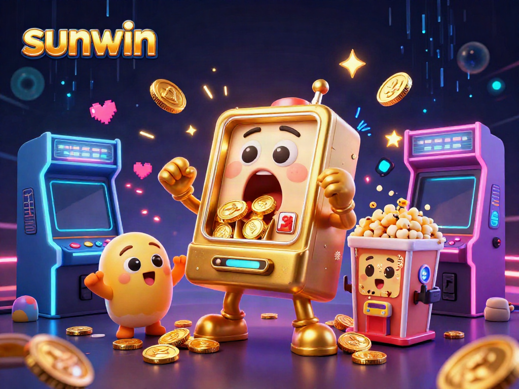 Experience the excitement of sunwin as a golden slot machine hits a jackpot amidst vibrant gaming elements and cheering machines.