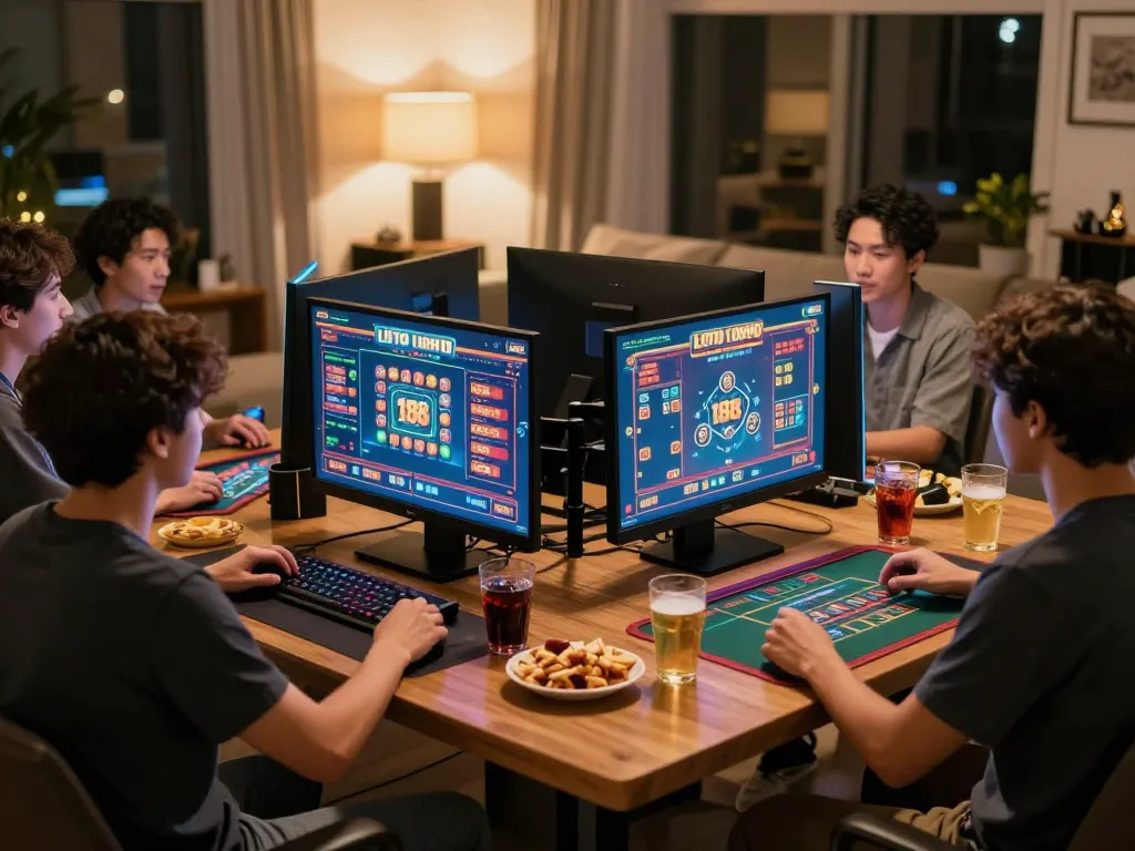 Friends enjoying an exciting LOTO 188 online gaming session at home, showcasing interaction and strategy.