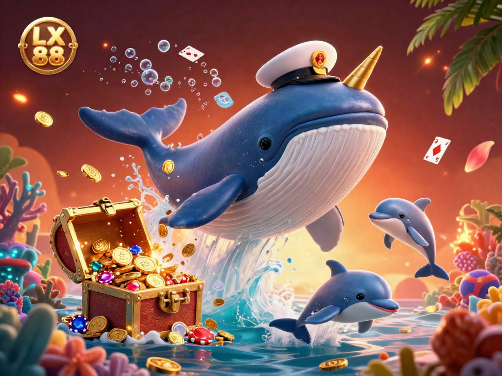Engage with the vibrant LX 88 casino scene featuring a whale, narwhal, and dolphins amid treasure.