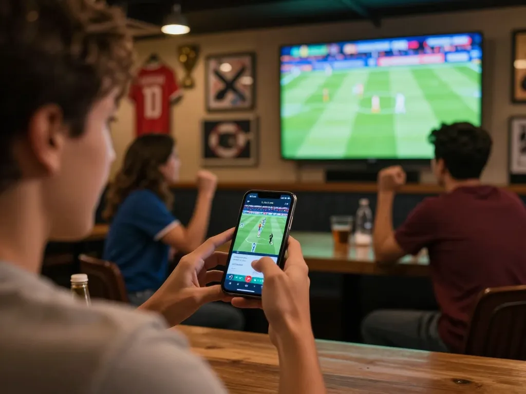 Excited sports betting with smartphone at tylekeonhacai88 while watching a live match in a vibrant sports bar.
