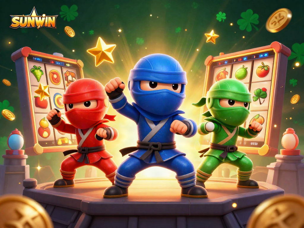 SUNWIN showcases an exciting 3D illustration of playful chameleon ninjas, celebrating slots and jackpots.