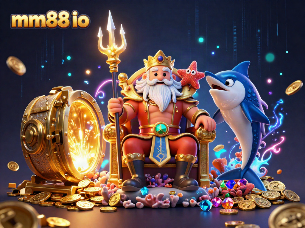 Experience thrilling gaming at mm88 io with Neptune and treasure, showcasing vibrant casino wealth.