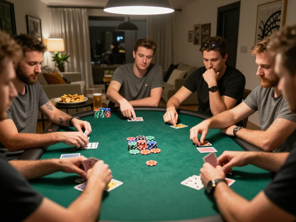 KJC players engaged in strategic poker night, vibrant atmosphere with dynamic gameplay and friendly competition