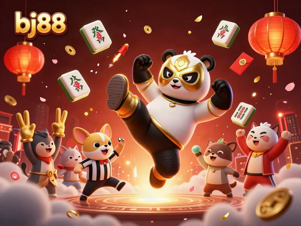 BJ88-themed vibrant 3D illustration of a panda wrestler, referee chihuahua, and cheering animals, celebrating a thrilling gambling scene.