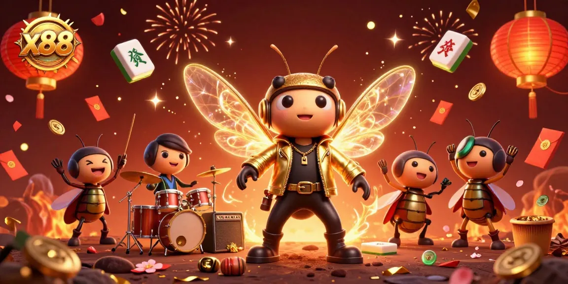 x88 promotes thrilling gameplay with a vibrant, energetic scene of a rock star cicada and crew in a casino setting.