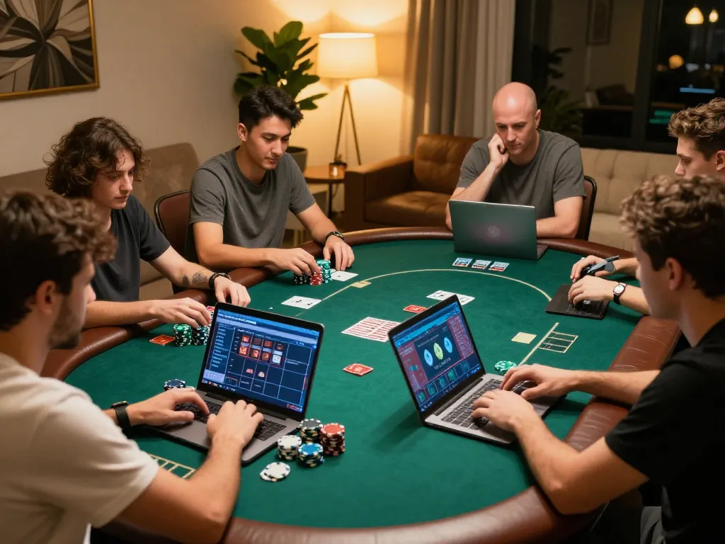 Players enjoying online casino games at home, showcasing the 8kbet16 experience with engaging poker gameplay