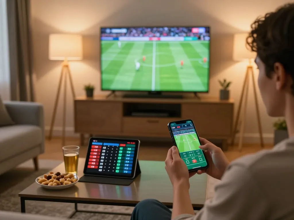 Informed sports bettor analyzing odds on Bongdallu app during a football game.