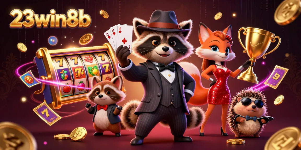Experience the excitement of 23win8b with a suave raccoon, dazzling fox, and bouncy hedgehog surrounded by dynamic casino elements.