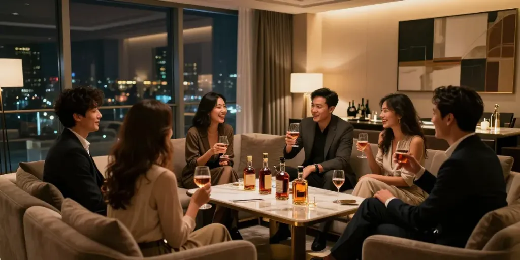 강남구구단 쩜오의 고급스러운 독립된 룸에서 친구들이 주류를 즐기는 모습