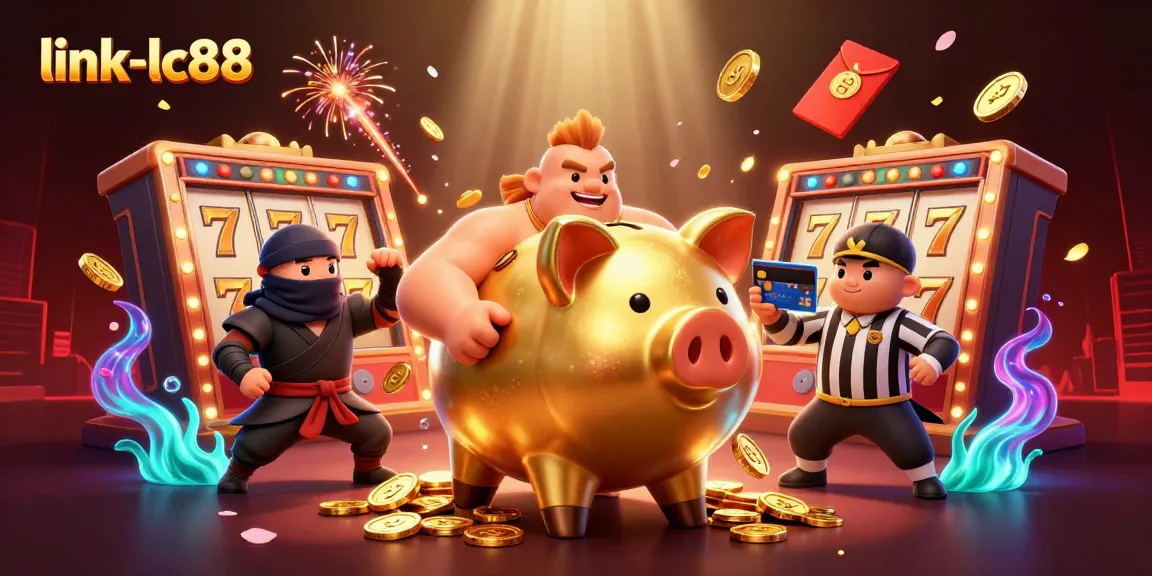 Engage with link-lc88 in a vibrant casino scene featuring a lively golden piggy bank sumo wrestler.