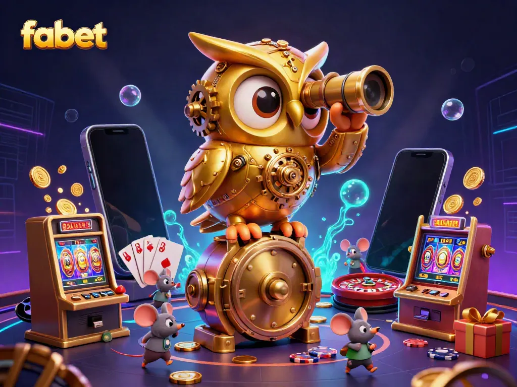 Experience the excitement of fabet as a 3D owl and mice engage in a vibrant casino scene filled with slot games and bonuses.