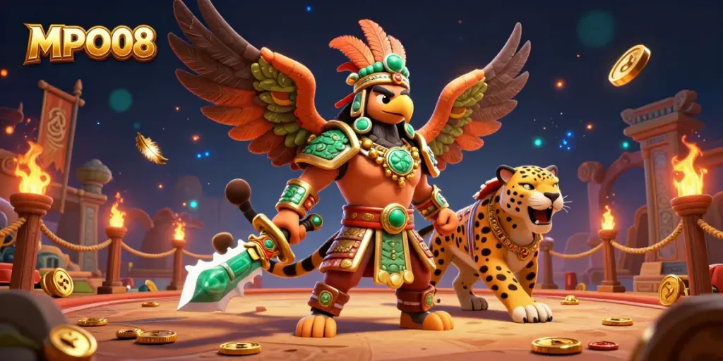 Experience the thrilling gameplay of MPO08 with Aztec warriors and golden coins in this vibrant casino illustration.